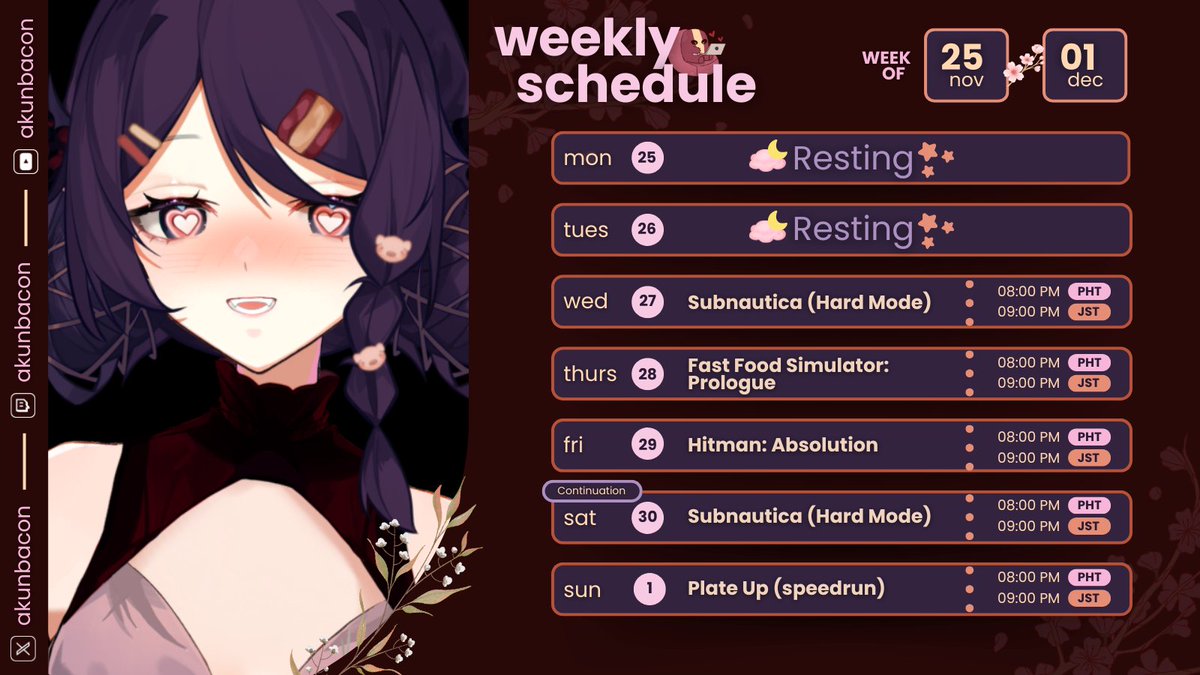 AkunBacon's tweet photo. Schedule for this week~! (づ  ̄ ³ ̄)づ🥓
━━✫・*。
🥓General: #Akunbacon
🥓LIVE: #BaconLIVE
🥓Art: #AkunARTbacon
⌜#ENVtubers • #Vtubers • #VTuberUprising⌟ https://t.co/kV3mDg9jZf