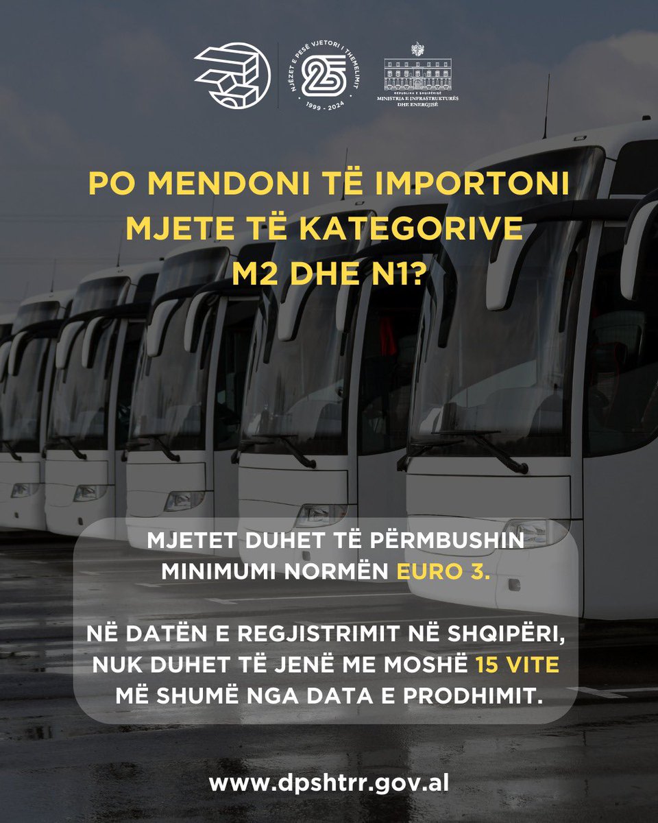dpshtrr's tweet photo. Po mendoni të importoni Autobusë apo Automjete për Transport të Përzier, të përdorura? 
Mjetet duhet të përmbushin minimumi normën Euro 3. 
Në datën e regjistrimit në Shqipëri, nuk duhet të jenë me moshë 15 vite më shumë nga data e prodhimit. https://t.co/mYOtVReSiE