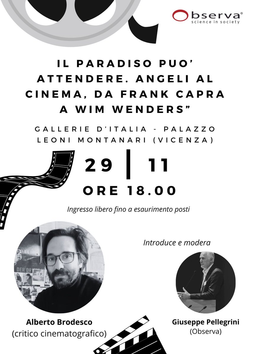 Appuntamento a Vicenza Palazzo Leoni Montanari venerdi 29 novembre, Angeli e demoni al cinema con Alberto Brodesco ore 18,00 #scienceinsociety #scienza #società
