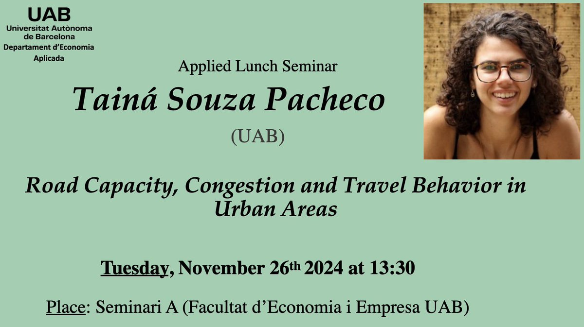 Today we have <a href="/TainaPacheco15/">Tainá Pacheco</a> presenting at our Applied Lunch Seminar.

🕐 13:30
📍 Seminari A