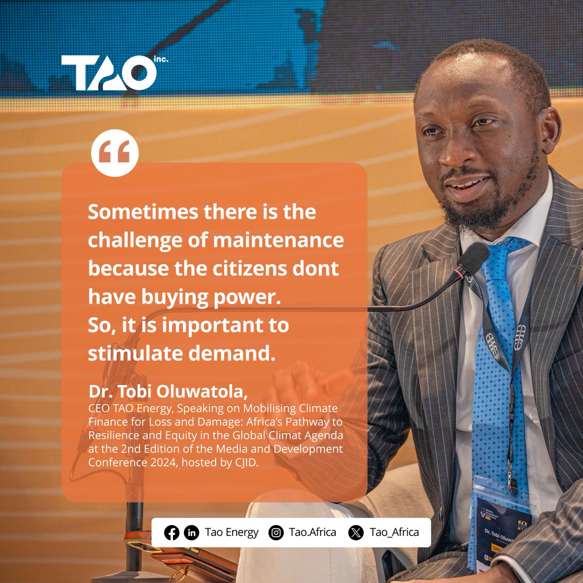 tao_africa's tweet photo. "Sometimes there is the challenge of maintenance because the citizens don't have buying power. So it is important to stimulate demand" - Our CEO, @tobioluwatola speaking at the Media and Development Conference, 2024 hosted by @CJIDAfrica.
#mdc24 #taoenergy https://t.co/qZzr5dB6ay