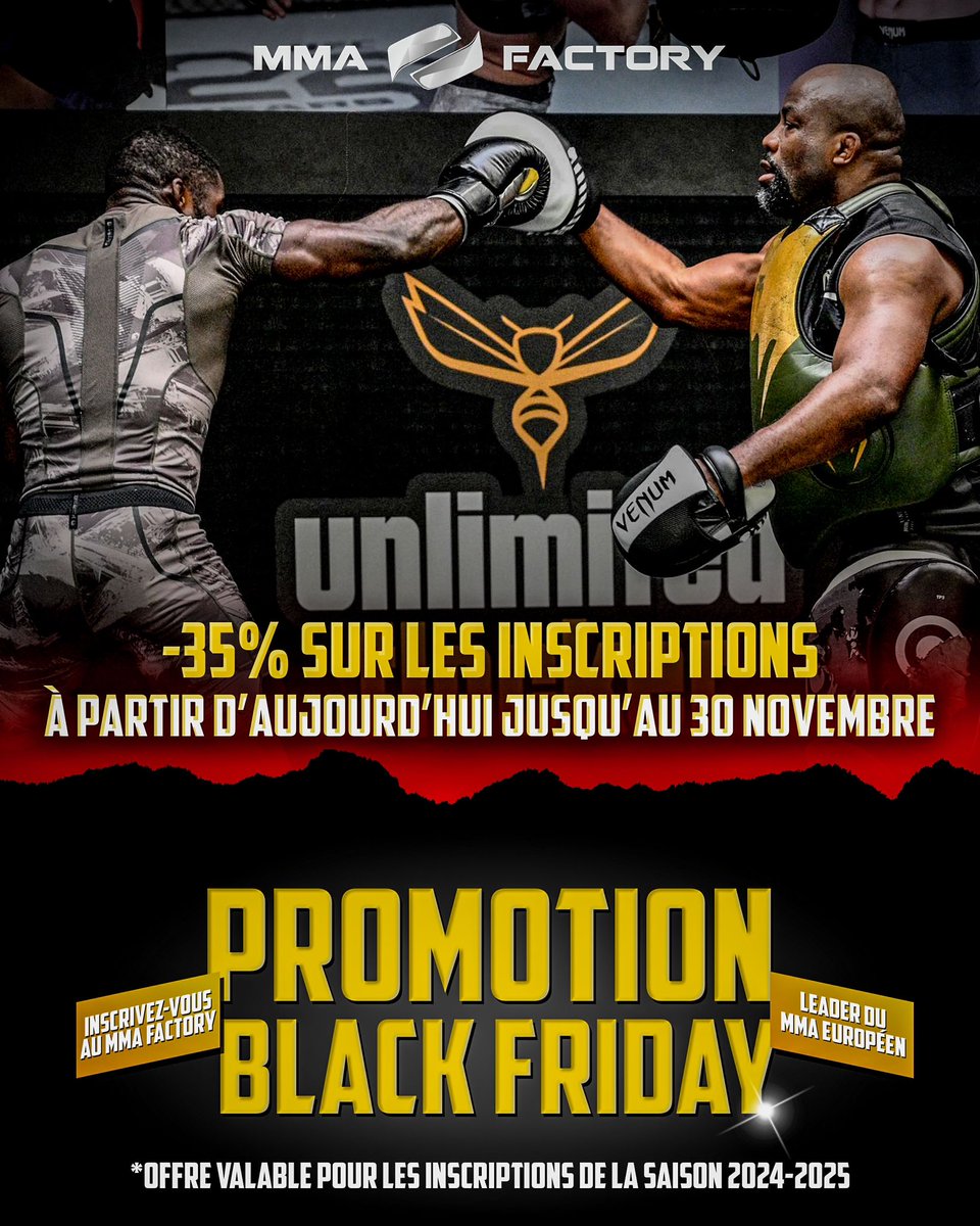 🏴 Black Friday au MMA Factory ! 💥

-35% sur l’inscription de votre choix (MMA, Lutte, Grappling, Boxe Thaï...) 🤩 jusqu’au 30 novembre 2024.

Débutants ou pros, c’est le moment de rejoindre l’usine à champions #MMAFactory pour vous entraîner là où les champions s’entraînent. 🦾