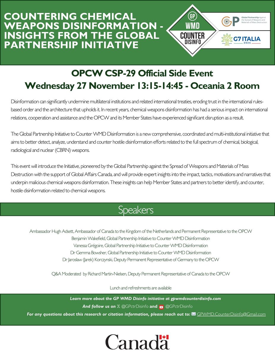 Ben Wakefield (@bcwakefield) on Twitter photo Tomorrow at 13:15 at <a href="/OPCW/">OPCW</a> #CSP29 I'll be speaking alongside colleagues from <a href="/CanadaOPCW/">Canada at OPCW</a>, <a href="/GermanyDiplo/">GermanForeignOffice</a> and <a href="/GPctrDisinfo/">GP WMD Counter Disinfo</a> on countering chemical weapons disinformation.
Come along to Oceania 2 to hear more and to engage with this initiative. Tomorrow at 13:15 at <a href="/OPCW/">OPCW</a> #CSP29 I'll be speaking alongside colleagues from <a href="/CanadaOPCW/">Canada at OPCW</a>, <a href="/GermanyDiplo/">GermanForeignOffice</a> and <a href="/GPctrDisinfo/">GP WMD Counter Disinfo</a> on countering chemical weapons disinformation.
Come along to Oceania 2 to hear more and to engage with this initiative.