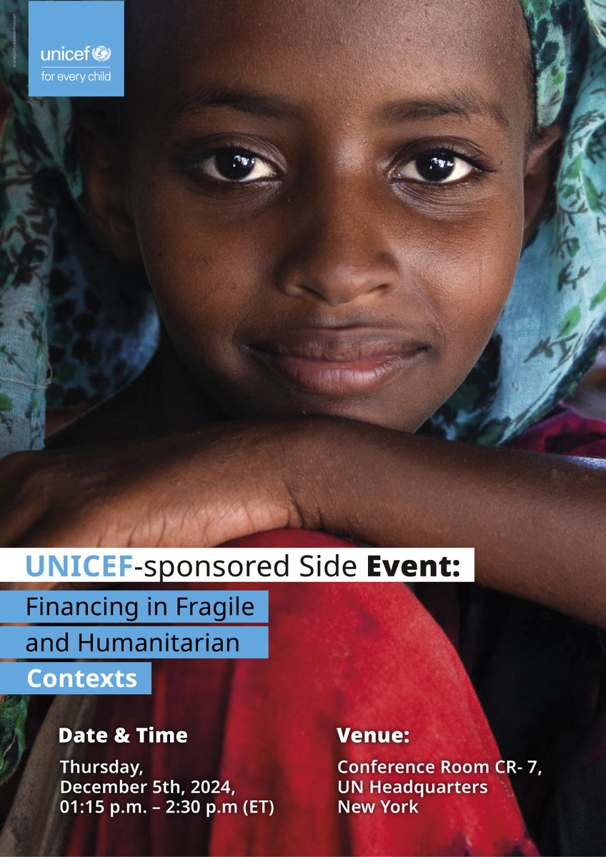 As we prepare for the 4th International Conference on Financing for Development, this UNICEF-sponsored side event on 5 Dec at #FfD4 2nd PrepCom will explore:

➡️ Challenges in financing preparedness and response in humanitarian contexts
➡️ Proven financial solutions and more