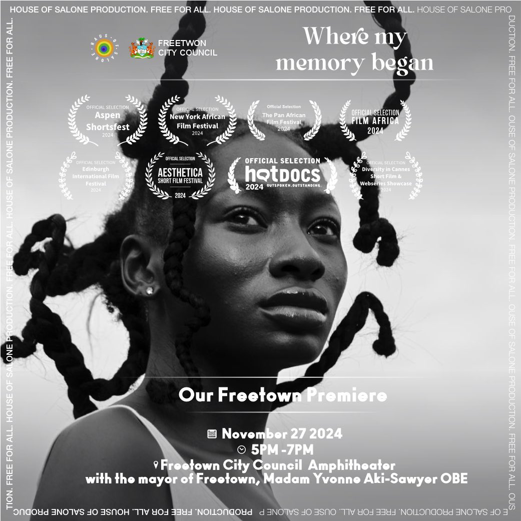 House of Salone (@houseof_salone) on Twitter photo We’re finally here! “Where My Memory Began” went to LA, London, Toronto, Aspen + more, now it’s back home in Freetown!
We can’t wait to see you TOMORROW for our screening at FCC, in the auditorium and with the Mayor of Freetown <a href="/yakisawyerr/">Yvonne Aki-Sawyerr OBE</a> 🍃
FREE FOR ALL! 5PM-7PM
#SaloneX We’re finally here! “Where My Memory Began” went to LA, London, Toronto, Aspen + more, now it’s back home in Freetown!
We can’t wait to see you TOMORROW for our screening at FCC, in the auditorium and with the Mayor of Freetown <a href="/yakisawyerr/">Yvonne Aki-Sawyerr OBE</a> 🍃
FREE FOR ALL! 5PM-7PM
#SaloneX