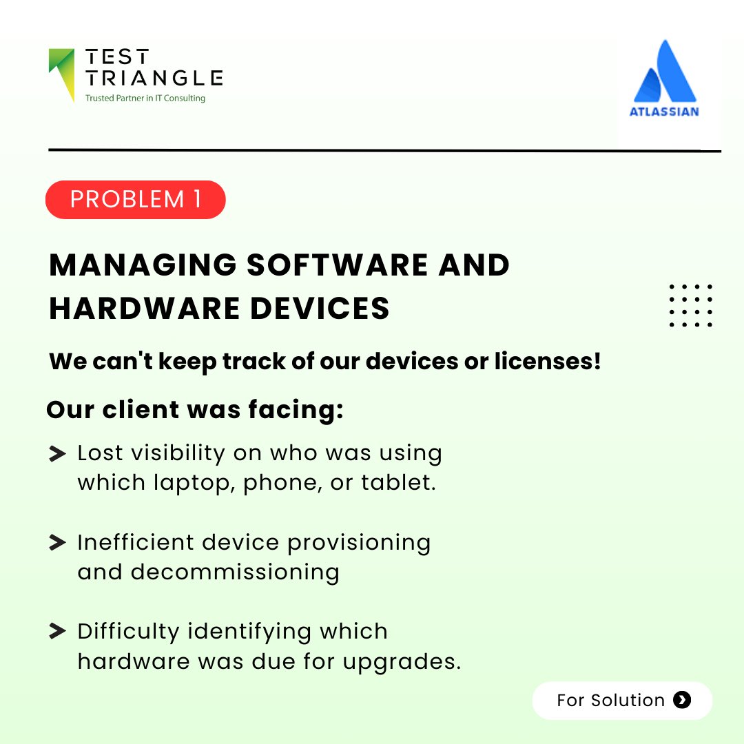 TestTriangle's tweet image. At @TestTriangle we know managing IT assets can be a challenge, especially when dealing with hardware, software infrastructure, and licenses.
Try our solutions with @Atlassian full suite, we have the knowledge and the expert resources to help implement as a Gold Partner.…