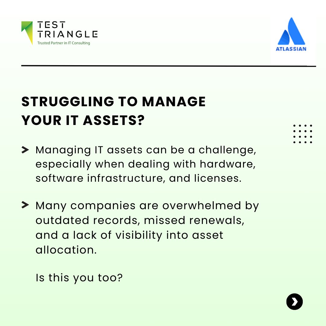 TestTriangle's tweet image. At @TestTriangle we know managing IT assets can be a challenge, especially when dealing with hardware, software infrastructure, and licenses.
Try our solutions with @Atlassian full suite, we have the knowledge and the expert resources to help implement as a Gold Partner.…