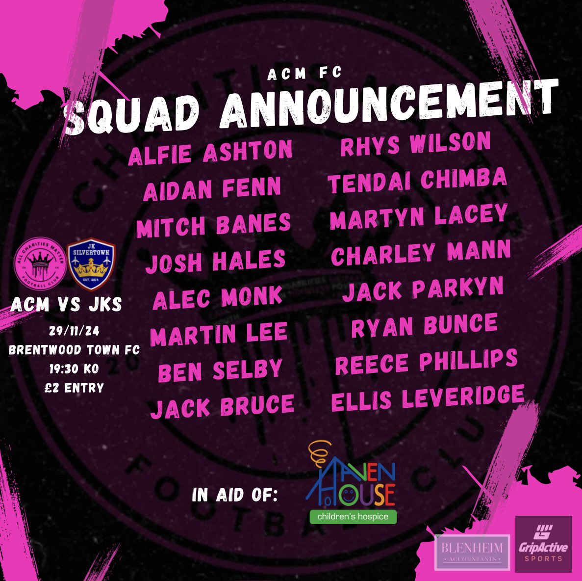 Here is our squad announcement ahead of our fixture on Friday against <a href="/JKSILVERTOWNFC/">JK SILVERTOWN FC</a> in aid of <a href="/HavenHouseCH/">Haven House</a>! #acmvsjks