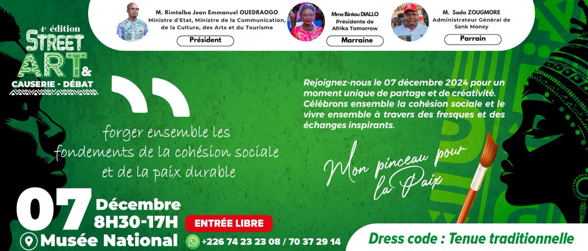 LBaryum's tweet image. Famille, apportons notre soutien à notre sœur @BertineOuedraog qui organise la 4e Édition de #StreetArt le 7 décembre 2024 au Musée national. C'est un combat auquel elle tient vraiment et je sais comment elle cravache pour tenir la route. Bravo Sista. #RT appréciés 💚🇧🇫💚