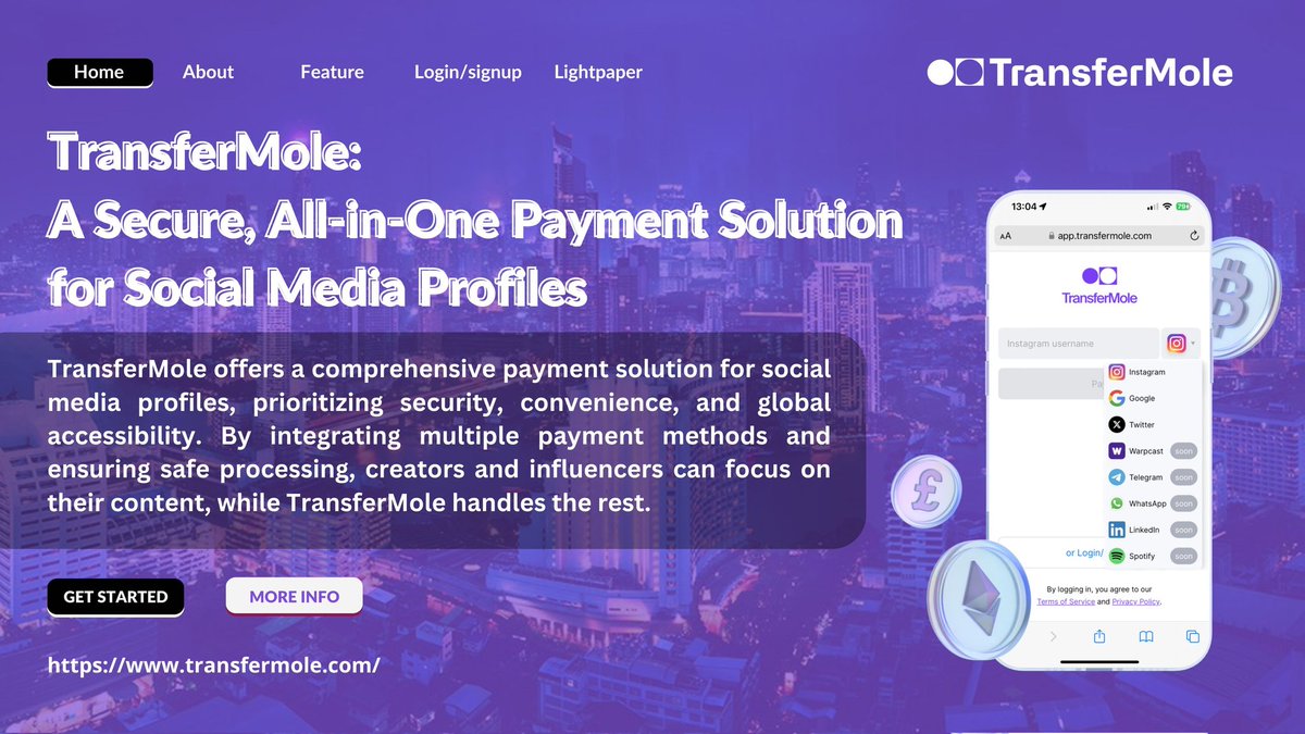 OfonKvng's tweet image. TransferMole: A Secure, All-in-One Payment Solution for Social Media Profiles

"The world's first onchain social payment directory"

@GoTransferMole revolutionizes the way creators and influencers receive payments on social media.

#TransferMole #DeFi #Crypto