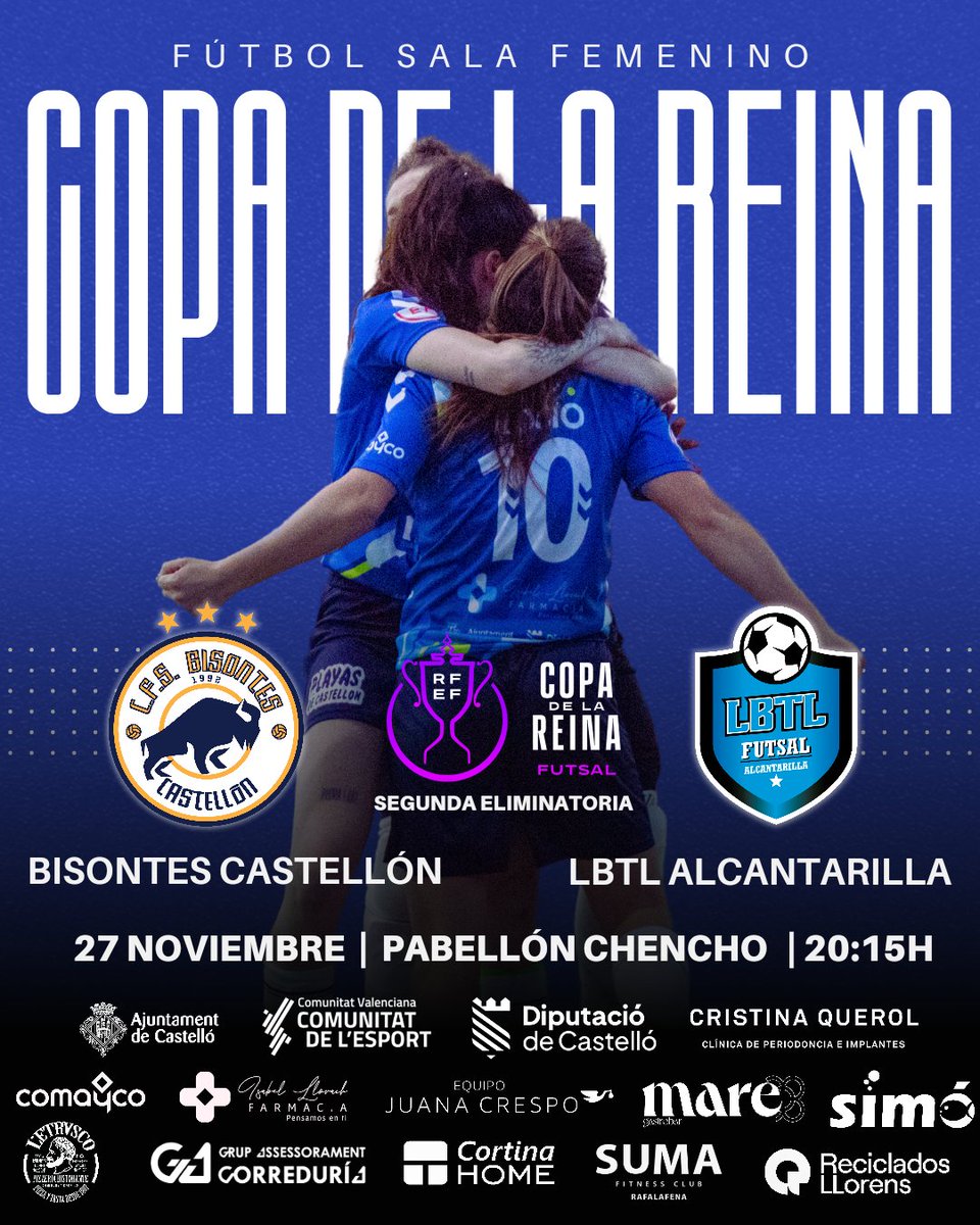 femecastellon's tweet photo. 🔥𝗖𝗼𝗽𝗮 𝗱𝗲 𝗹𝗮 𝗥𝗲𝗶𝗻𝗮🔥
Mañana tenemos partidazo de Copa de la Reina en Chencho. Recibimos a LBTL Alcantarilla de 1ª División.
🏟️ Chencho
⏰20:15h
🆚 @LBTLFutsal 
¡𝗧𝗼𝗱𝗼𝘀 𝗮 𝗖𝗵𝗲𝗻𝗰𝗵𝗼!

💙🦬 https://t.co/Jrk1sqM1Cy
