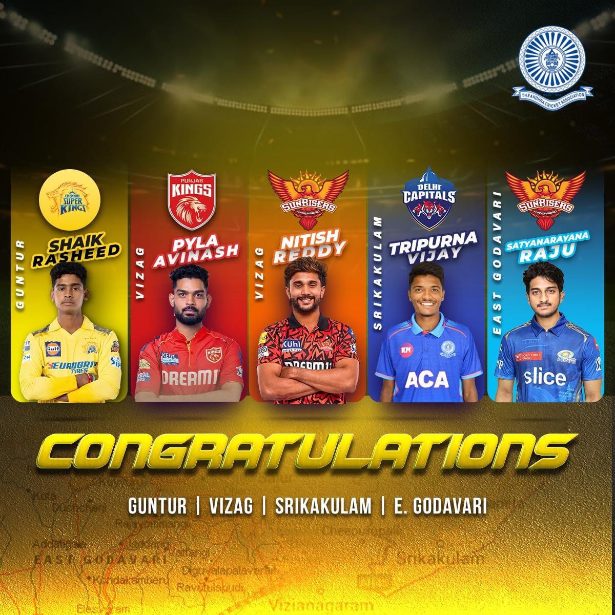 iTDPGodavari's tweet photo. Warmest congratulations to Nitish Reddy, Shaik Rasheed, Pyla Avinash, Tripurna Vijay, and Satyanarayana Raju on their selection to IPL teams! I offer my best wishes for their success and hope they will shine brightly on the global cricket stage, making us all proud. @OfficeofNL https://t.co/6PFoxo7ve2