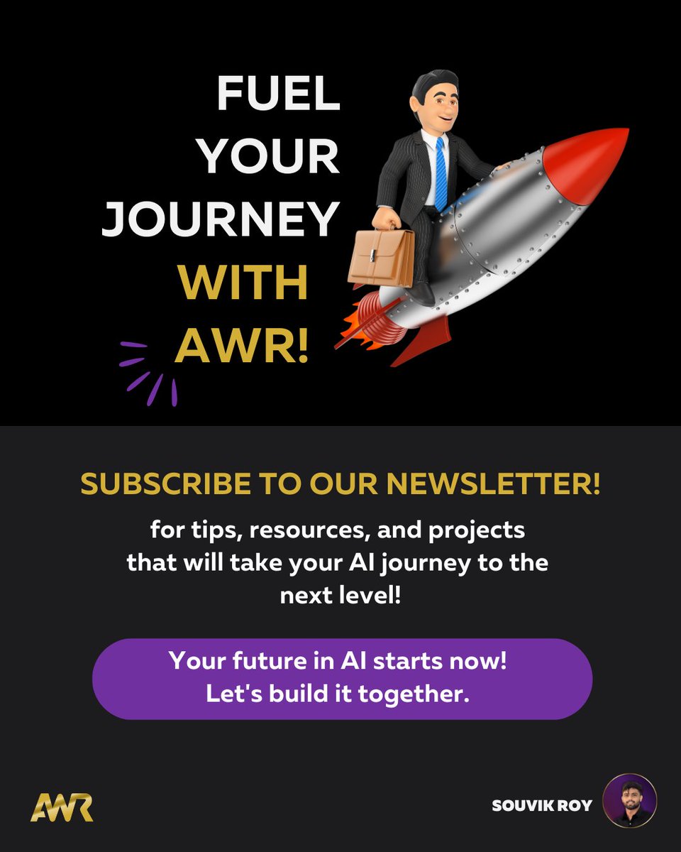 aiwithroy's tweet image. ✨ Fuel your AI journey with AWR!

Subscribe to our newsletter for tips, projects, and resources to level up.

Link: awr.beehiiv.com

(9/n)

#AIResources #LearnML #AIJourney