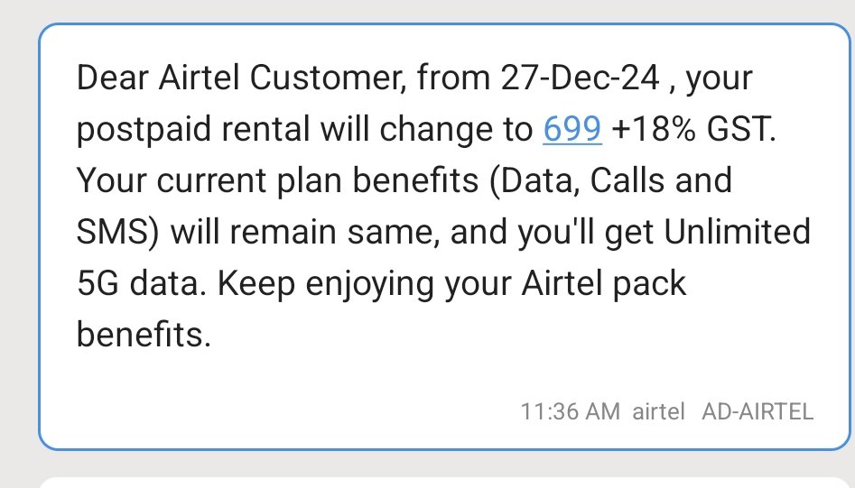 mukeshagarwal's tweet image. #Mobile companies has started a new trend by increasing the rental of exisiting postpaid users... Never seen this before.just got below message from @airtelindia 

No added benefit of using #postpaid. 
Prepaid customer  is still king 

Planning to port @JioCare @ViCustomerCare