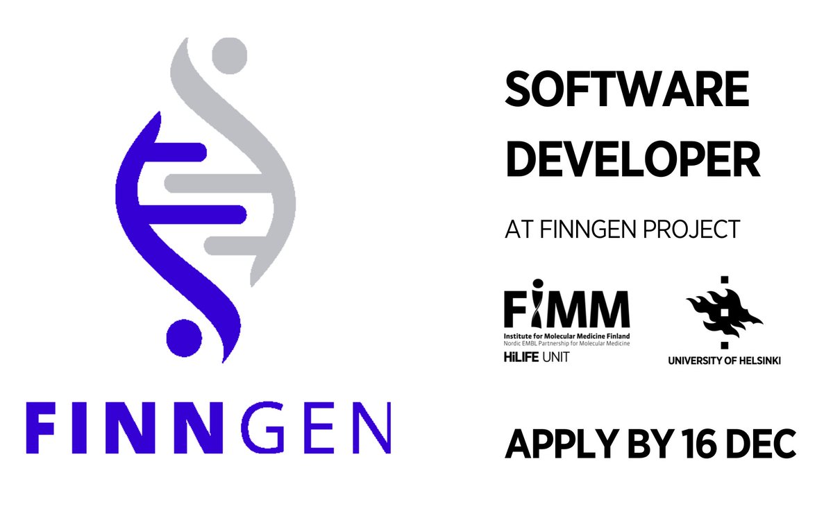 FIMM HelsinkiUni (@fimm_uh) on Twitter photo Are you passionate about software development and eager to contribute to health research? Join our FinnGen team <a href="/FIMM_UH/">FIMM HelsinkiUni</a> to work alongside world-class scientists, data managers and bioinformaticians!
Apply by 16 Dec:
jobs.helsinki.fi/job/16_12_2024…
#JobOpening #SoftwareDevelopment Are you passionate about software development and eager to contribute to health research? Join our FinnGen team <a href="/FIMM_UH/">FIMM HelsinkiUni</a> to work alongside world-class scientists, data managers and bioinformaticians!
Apply by 16 Dec:
jobs.helsinki.fi/job/16_12_2024…
#JobOpening #SoftwareDevelopment