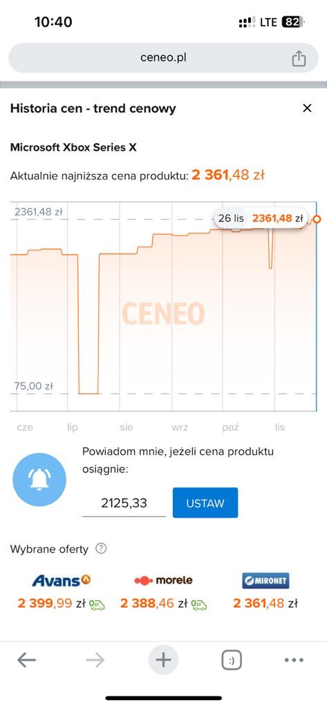 BczakKu's tweet photo. @Allegro_Group przepiękna strefa okazji na allegro! Xbox series X przeciwne z 4999zl na 2999,99 zl. Ostatnia cena sprzed 30 dni prawie 5k. Co z tego, że ceny konsoli od premiery utrzymują się w zakresie 2500 zł i niżej. #blackweek #BlackFriday. Wnioski należą do konsument. https://t.co/xsPu6PS1I6