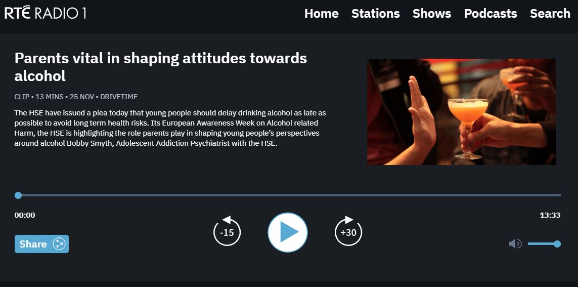 Listen to our colleague <a href="/BobbySmyth4/">Bobby Smyth</a> on <a href="/drivetimerte/">Drivetime RTE</a> yesterday talking about how parents play a vital role in shaping young people's attitudes around alcohol use:  rte.ie/radio/radio1/c… #AlcoholHarm #Parenting #HealthyIreland