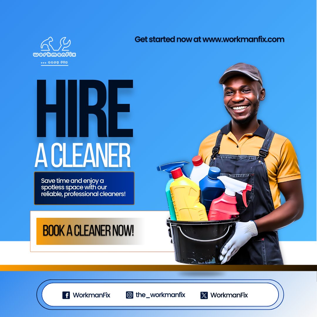 Workman_Fix's tweet photo. Book WorkmanFix cleaners for spotless, hassle-free service tailored to you!
#WorkmanFix #ProfessionalCleaners #SpotlessLiving #HassleFreeCleaning #HomeCareExperts #CleanAndFresh #ReliableServices #ConvenienceMatters #TopQualityCleaning #HireAPro https://t.co/VGYpYFdypB