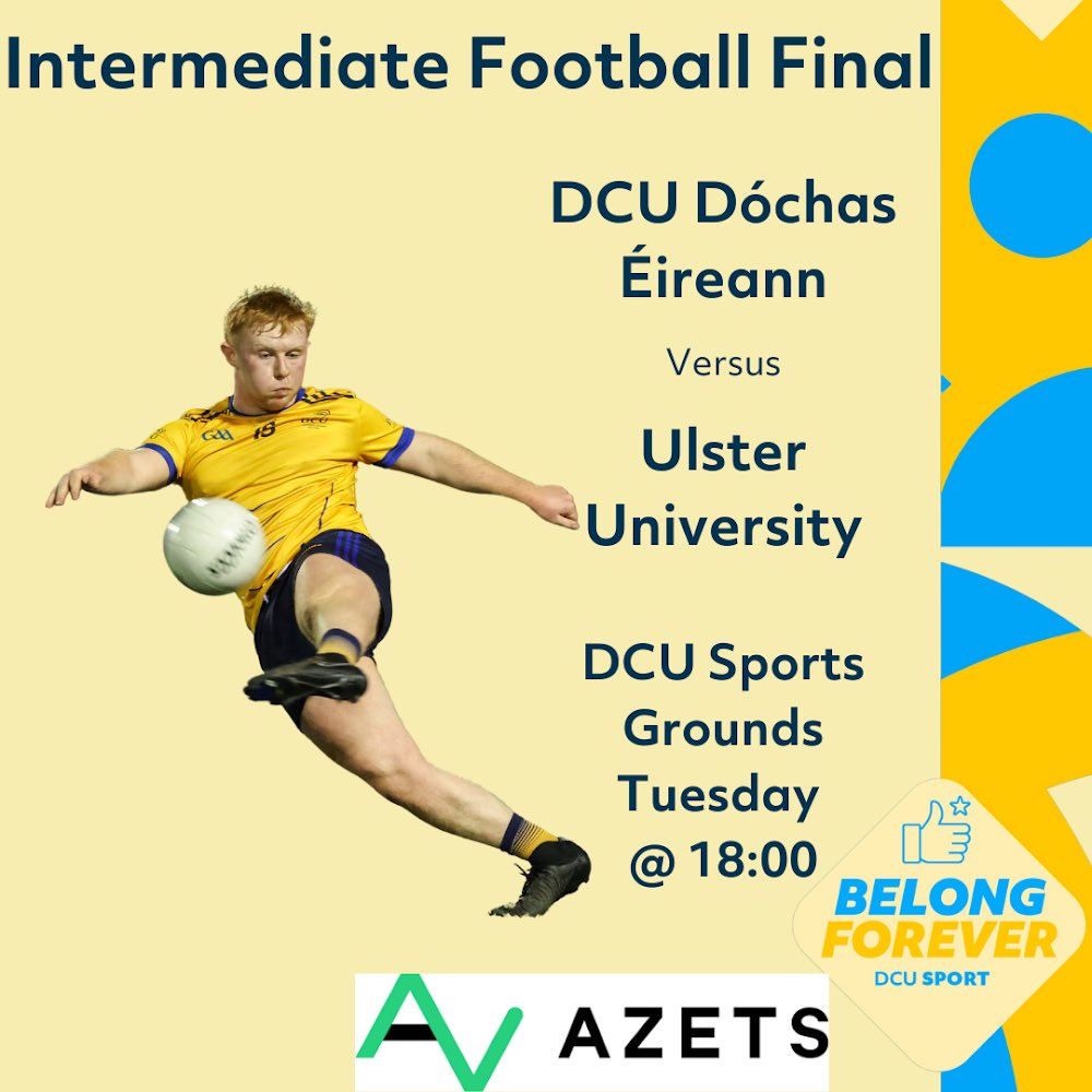 DCUDocEirGAA's tweet photo. Intermediate Football Final 

@DCUDocEirGAA 🆚 @UlsterUniGAA 

📍 @DCU Sports Grounds

🕕 TONIGHT @ 18:00 https://t.co/j0ssofIOl8