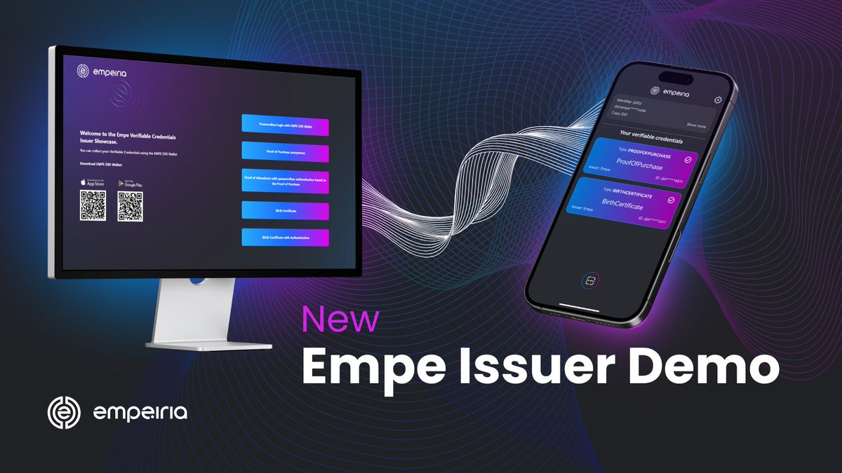 empe_io's tweet photo. Try Our New Showcase Demo! 🚀

Empeiria is redefining trusted digital interactions with the power of our proprietary Empe Layer 1 #Blockchain that can model regulatory compliance while preserving #data privacy ✨

To experience it, you’ll need two devices: Download Empe DID Wallet (App Store/Google Play) on your phone 📱 and visit https://t.co/G0HePidTJS on your computer 💻 to get started!

👇 Keep reading to see how it works in real-life scenarios 🧵
