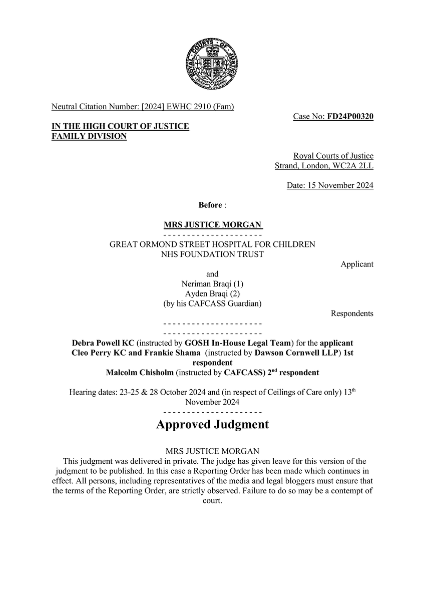 Carolina Marín Pedreño and Floriane Laruelle, instructing Cleo Perry KC and Frankie Shama of <a href="/4PBFamilyLaw/">4PB</a>, represented the mother in an application by Great Ormond Street to discontinue life-sustaining treatment for a child with a rare genetic disorder. bit.ly/4i21Qg5