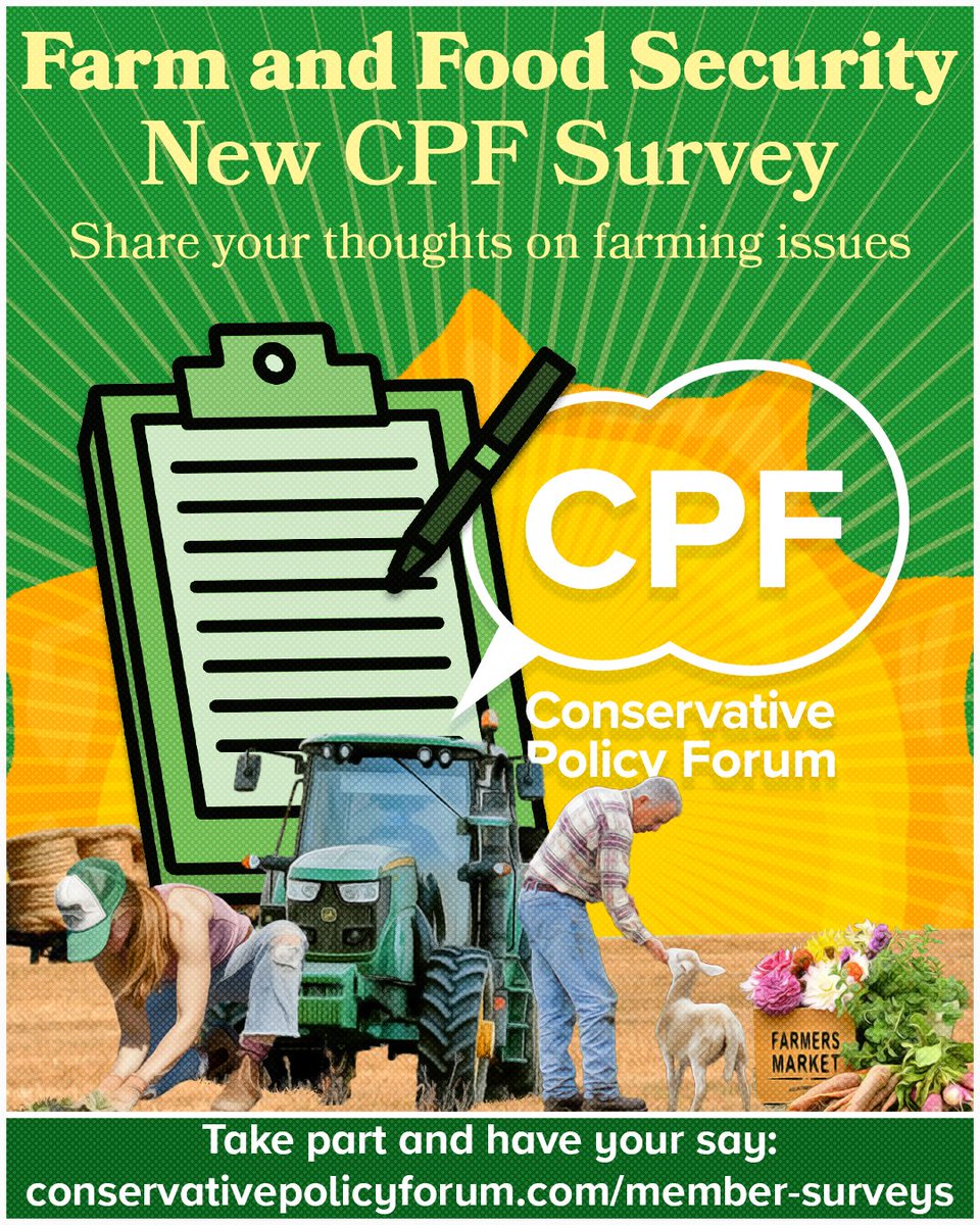 As part of our response to the Autumn Budget, we're asking our members to complete our survey to see how we can protect British Farming 🚜🇬🇧  Join us now and have your say 💙

Sign up and take the survey: 
conservativepolicyforum.com/member-surveys
.
.
.
<a href="/JohnPenroseNews/">John Penrose</a> <a href="/pennyanneod/">Penny-Anne O'Donnell</a> <a href="/FleurButler1/">Fleur</a>