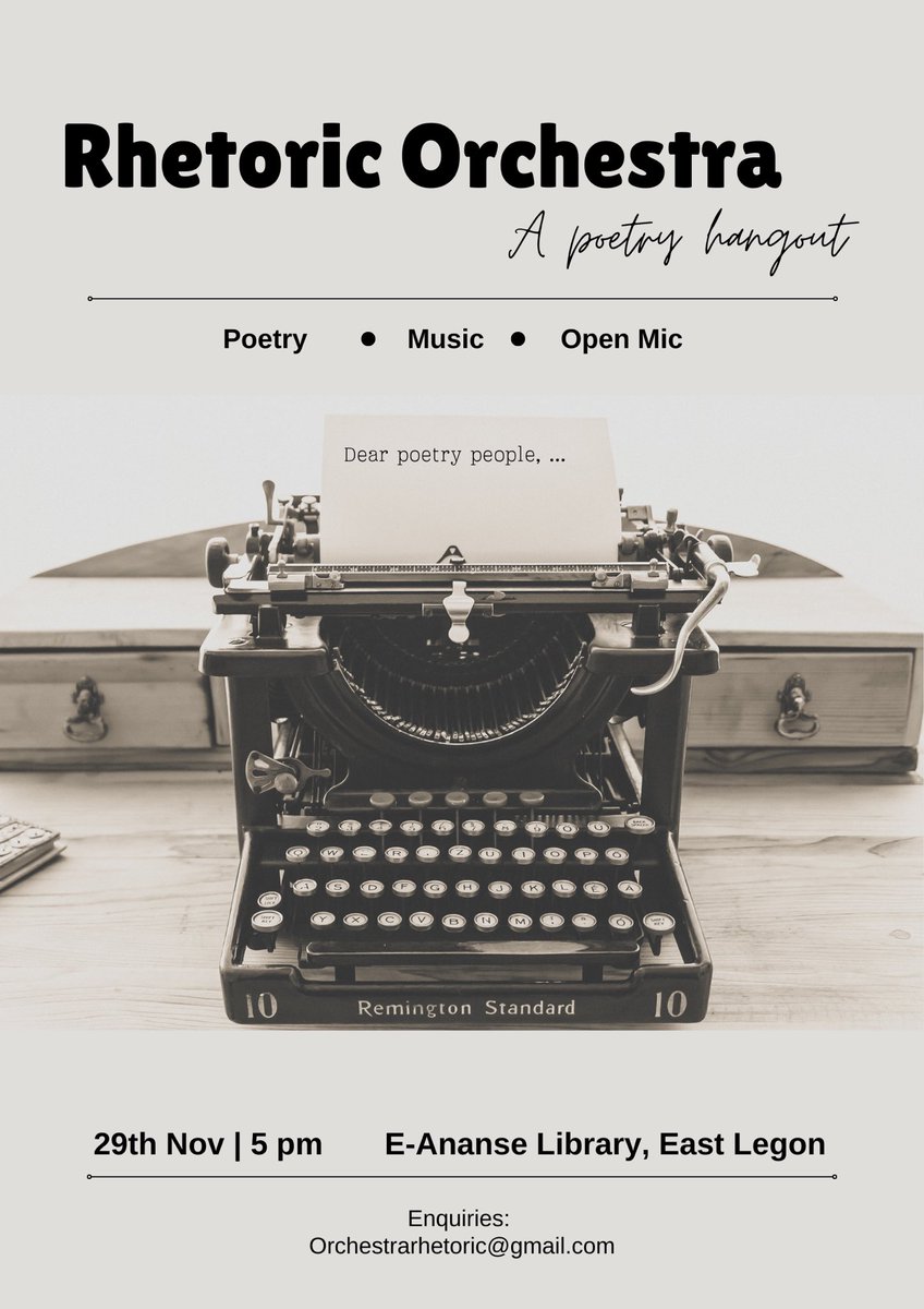 Hello ma poetry ppl
This is a new initiative by myself and Sad Poet
A place where we meet, talk and share poetry
Not strictly performance, you can read your poems as well
It is this Friday at the E Ananse Library
Please do not exempt yourself
Bring and share as well
Time is 5pm