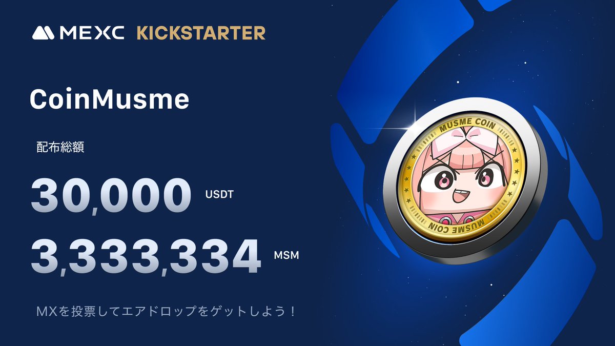 MEXC_Japan's tweet photo. ◤◢◤世界初上場🚀◢◤◢

#MEXC #Kickstarter 開催🚀
#MSM @coinmusme

🗳️ $MX を投票して
3,333,334 $MSM & 30,000 $USDT の
エアドロップをゲットしよう！

✅登録資格：11/26 1:00(日本時間)までに24時間連続で1,000 MX以上を保有
📅投票期間：11/26 19:00 ~ 11/27 18:50(日本時間)
⏰取引開始：11/27 21:00(日本時間)
💰入金：開始済み
💵出金：11/28 21:00(日本時間)

詳細はこちら👉https://t.co/0p1XRs2lQW