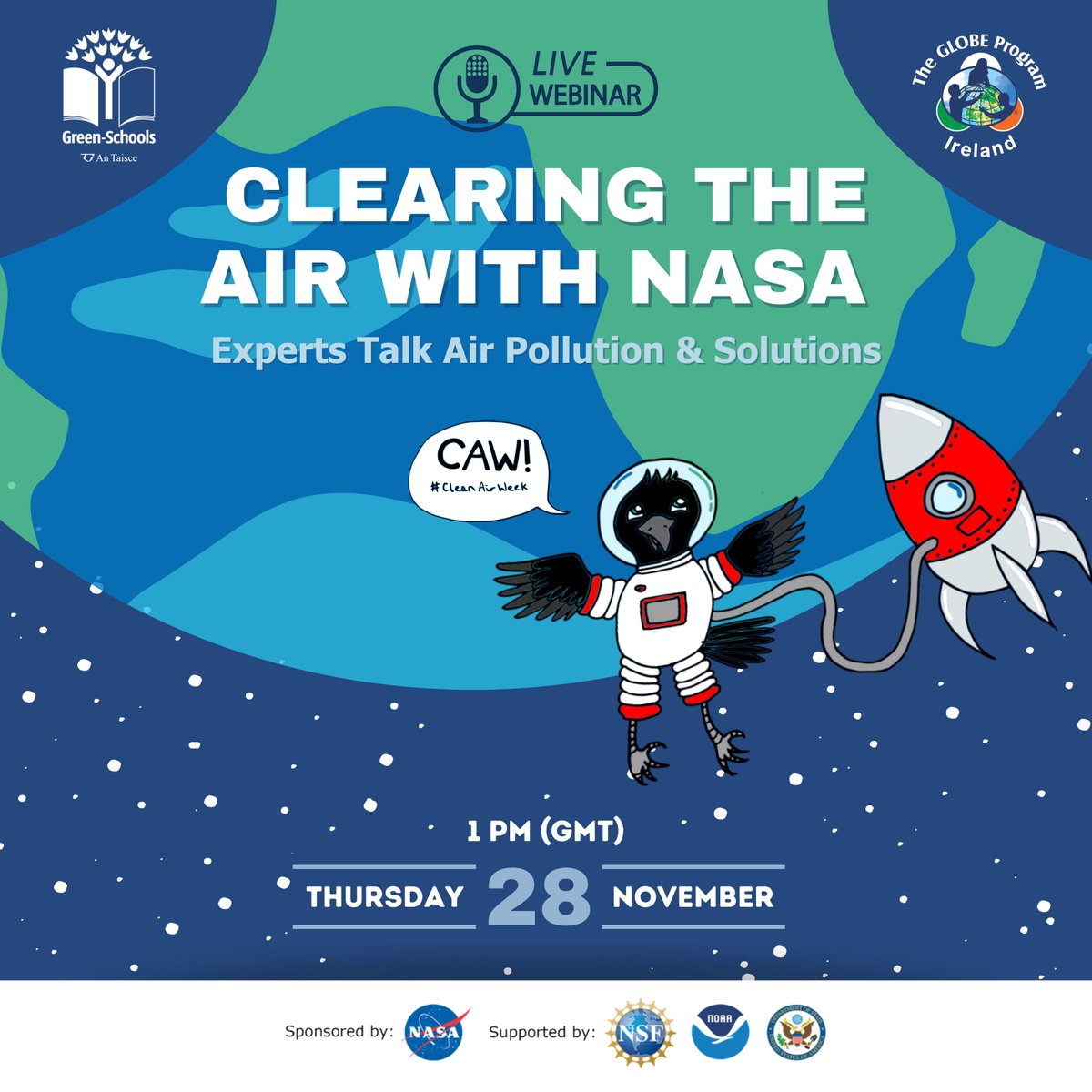 GreenSchoolsIre's tweet image. Don't forget to book in your spot for the #CleanAirWeek webinar in association with @GLOBEIreland for secondary school students with speakers from @NASA and @UCC, happening Thursday, 28th November 1pm – 2pm this week. 

Click here to register: buff.ly/4eSO1Op; see you…