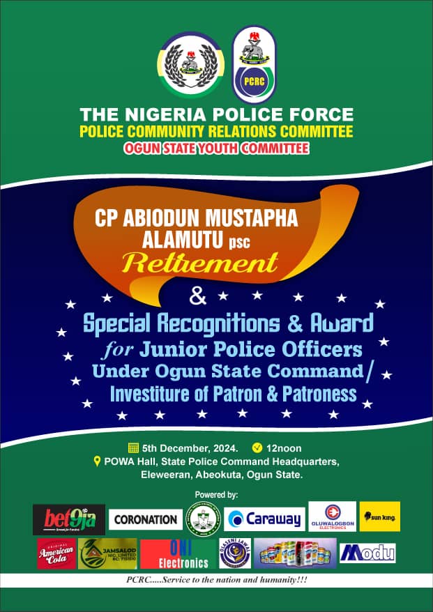 macclean's tweet image. YOU ARE ALL CORDIALLY INVITED TO THE PCRC YOUTH AWARD AND PRESENTATION PROGRAMME IN HONOUR OF RETIRING OGUN STATE COMMISSIONER OF POLICE - CP MUSTAPHA ABIODUN ALAMUTU, psc

PCRC! Service to the Nation and Humanity!!!

@PcrcNg @Princemoye1 @BenHundeyin @OgunPoliceNG @poli