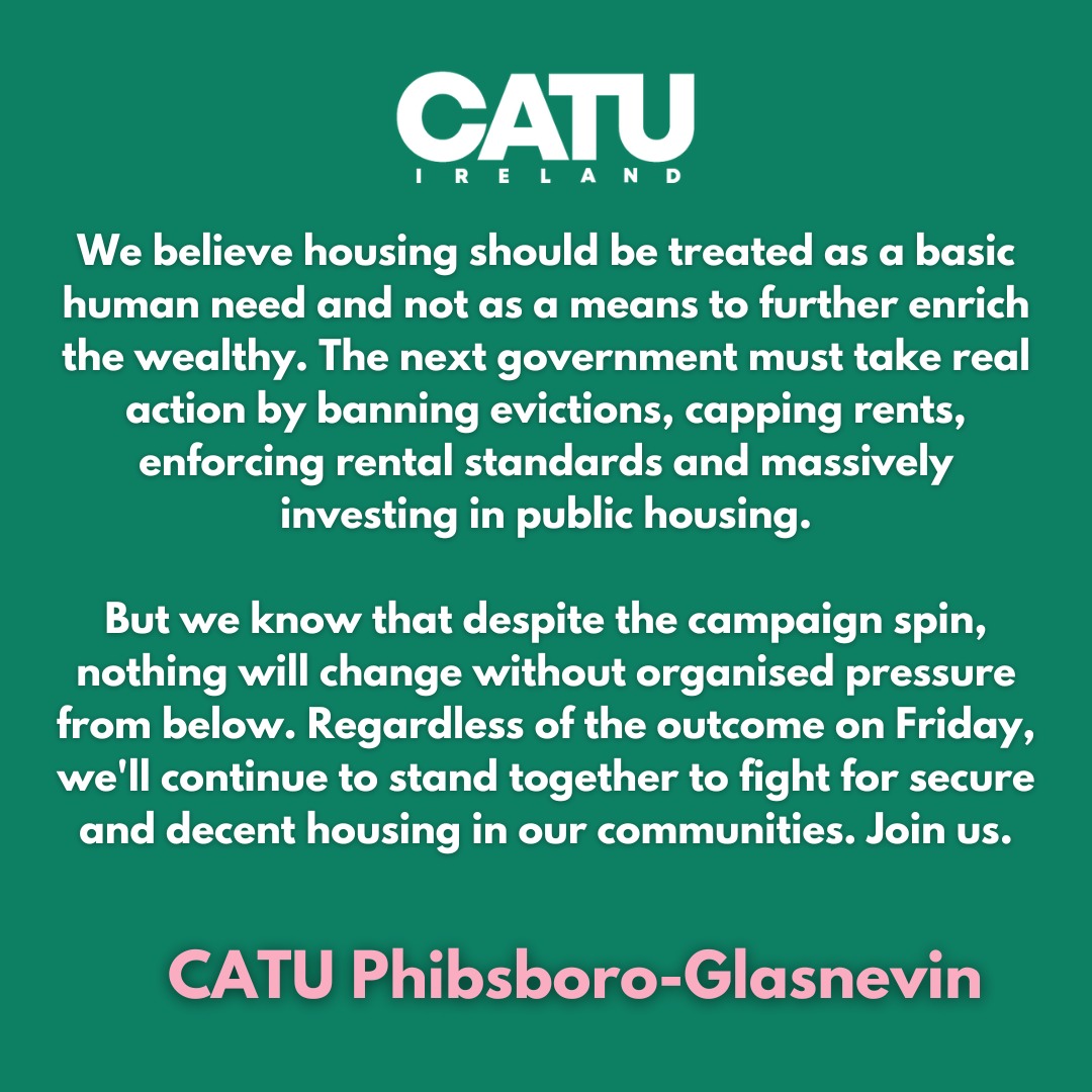 📢For the last five years, we’ve seen first hand how people in Phibsboro and Glasnevin have been failed by the government on housing.

✊Regardless of the outcome of #Election2024, we'll continue to stand together to fight for secure and decent housing in our communities. 

⬇️