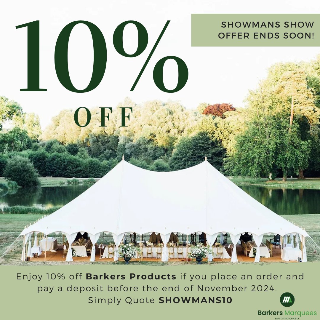 📢Don's miss out on our Showman's Show offer! ✨️
10% off all Barkers products ends this weekend.  
Terms and conditions apply. 
@theshowmansshow
<a href="/Barkersmarquees/">Barkers Marquees</a>

#traditionalmarquee
#sailclothmarquee
#showmansshow