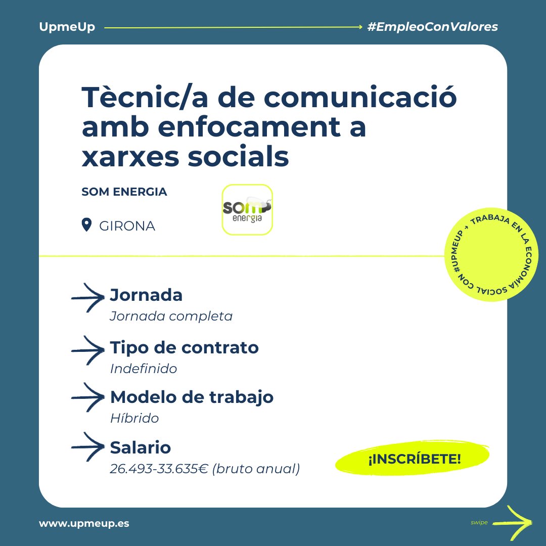 UpmeUp (cuenta de X inactiva, estamos en Bluesky) (@upmeup) on Twitter photo Nuevas ofertas laborales en el portal de empleo de la economía social 🌱
Madrid: <a href="/grigriprojects/">GRIGRI</a> y <a href="/APLICAcoop/">APLICAcoop</a> buscan apoyo en gestión y administración
Barcelona: <a href="/SomEnergia/">Som Energia</a> necesita una persona para su equipo de comunicación, con foco en RRSS
🚀 upmeup.es Nuevas ofertas laborales en el portal de empleo de la economía social 🌱
Madrid: <a href="/grigriprojects/">GRIGRI</a> y <a href="/APLICAcoop/">APLICAcoop</a> buscan apoyo en gestión y administración
Barcelona: <a href="/SomEnergia/">Som Energia</a> necesita una persona para su equipo de comunicación, con foco en RRSS
🚀 upmeup.es