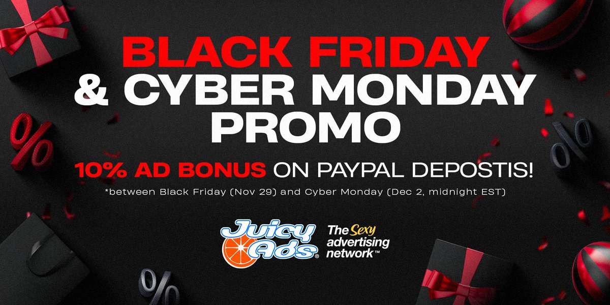 juicyads's tweet photo. What’s better than advertising with JuicyAds? FREE advertising with JuicyAds! Make a deposit to your account during the promotional window using Paypal and you’ll get a 10% advertising bonus loaded into your account

https://t.co/17xzuAowAz

#BlackFriday
#CyberMonday
#KeepItJuicy https://t.co/nlWnA27juP