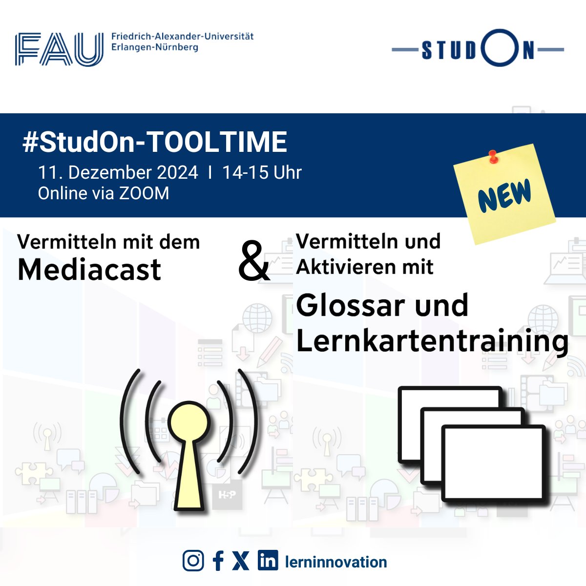 📢 StudOn-Tooltime! - Vermitteln mit dem "Mediacast" &amp; Vermitteln und Aktivieren mit dem "Glossar und Lernkartentraining"
📅 Datum: 11. Dezember 2024
🕒 Zeit: 14-15 Uhr Zoom
ℹ️ Weitere Infos: t1p.de/nqsjl
📝 Keine Anmeldung erforderlich
🎓1AE für DiL-Themenzertifikat