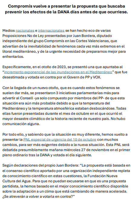 Hace meses presenté propuestas que advertían del peligro de las DANAs justo antes de que pasara (y PPVOX votaron en contra).

Bien, pues mañana, en el primer pleno ordinario tras la tragedia, se la volvemos a presentar, más exigente.

¿Se atreverán a votarla en contra otra vez?♟️