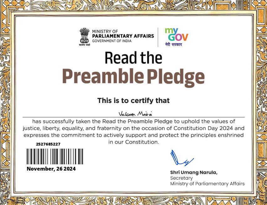 Our Constitution:  A guiding light that binds us together as one people. 

Let us celebrate #SamvidhanDiwas, 
the #ConstitutionDay 

pledge1.mygov.in