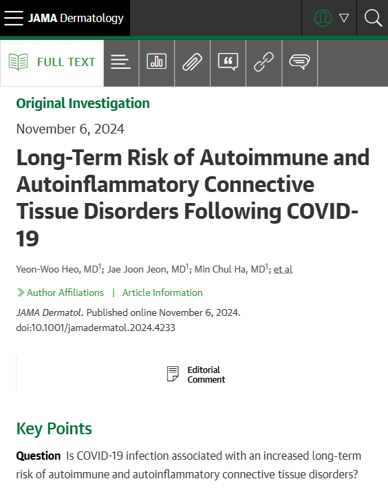 JAMADerm's tweet photo. Most viewed in the last 7 days from @JAMADerm: 

COVID-19 infection was associated with the long-term risk of various autoimmune and autoinflammatory connective tissue disorders.  

https://t.co/81tKRI9SMP https://t.co/e4Yo94t66R