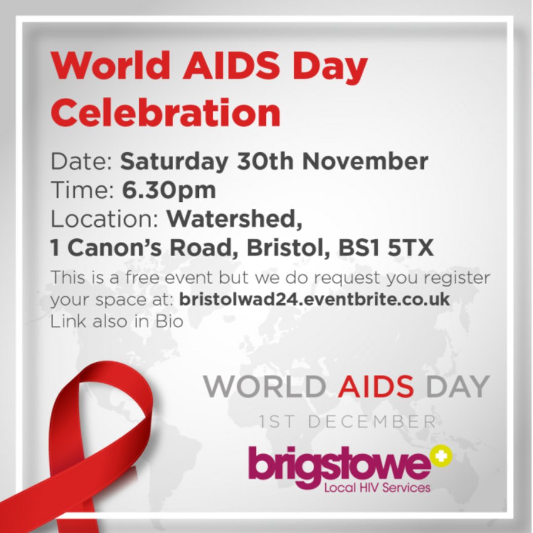 Join us on Saturday for the World AIDS Day remembrance vigil and World AIDS Day celebration.

This is a free event but we do ask that you register your space online. Check out <a href="/BrigstoweInfo/">Brigstowe</a> to find the link in their bio. 

#WorldAIDSDay #Bristol