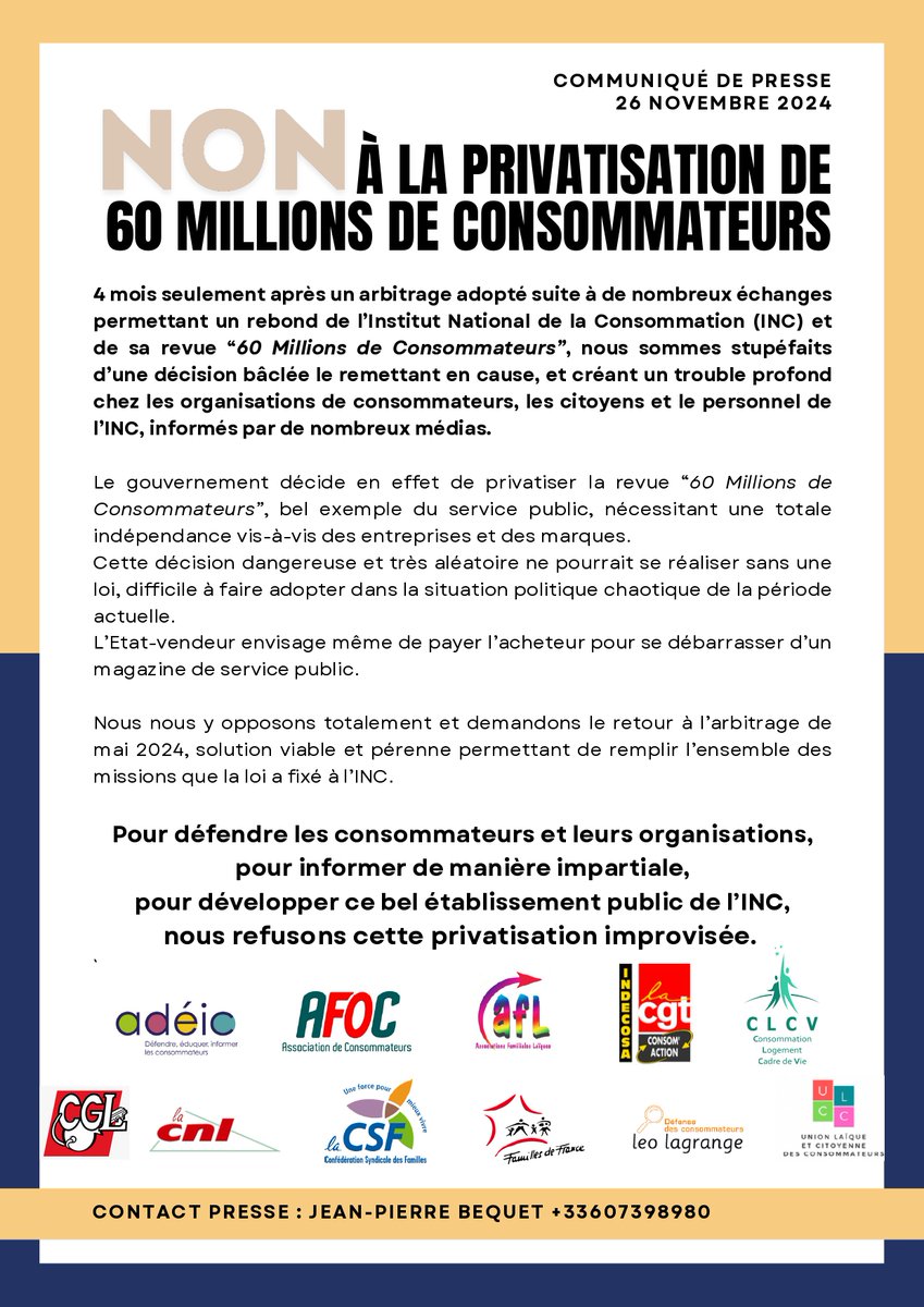 ADEIC (@adeicfrance) on Twitter photo ⚠️ La revue 60 millions de consommateurs est en danger, et risque d'être l'objet d'une vente indigne !
📢Nous nous opposons à sa privatisation, avec l'<a href="/asso_afoc/">AFOC</a> , le CNAFAL, l'INDECOSA-CGT, la <a href="/clcvorg/">CLCV - compte inactif</a> , la CGL, <a href="/La_CNL/">La CNL</a> , <a href="/la_csf/">La CSF | La Confédération Syndicale des Familles</a> , <a href="/Familles2France/">Familles de France</a> et l'<a href="/alldc_conso/">Association Léo Lagrange défense des consommateurs</a>. ⚠️ La revue 60 millions de consommateurs est en danger, et risque d'être l'objet d'une vente indigne !
📢Nous nous opposons à sa privatisation, avec l'<a href="/asso_afoc/">AFOC</a> , le CNAFAL, l'INDECOSA-CGT, la <a href="/clcvorg/">CLCV - compte inactif</a> , la CGL, <a href="/La_CNL/">La CNL</a> , <a href="/la_csf/">La CSF | La Confédération Syndicale des Familles</a> , <a href="/Familles2France/">Familles de France</a> et l'<a href="/alldc_conso/">Association Léo Lagrange défense des consommateurs</a>.