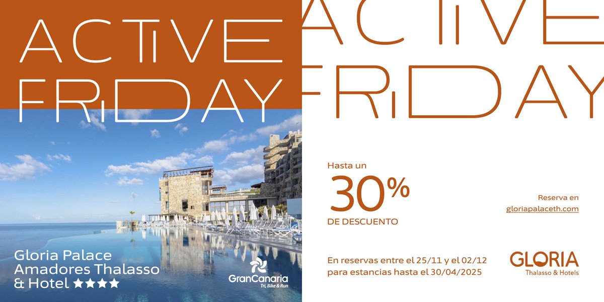 gctribikerun's tweet photo. Ponte a prueba con el #ActiveFriday 🤩

Con este precio especial de #GloriaPalaceAmadores - @GloriaThalasso, puedes entrenar para tu próximo reto con unas instalaciones deportivas de lujo a tu alcance 💪

Reserva tu estancia 👉 https://t.co/H1RJusQQq8

#GCTriBikeRun #GranCanaria https://t.co/NZNyk1ZTXn