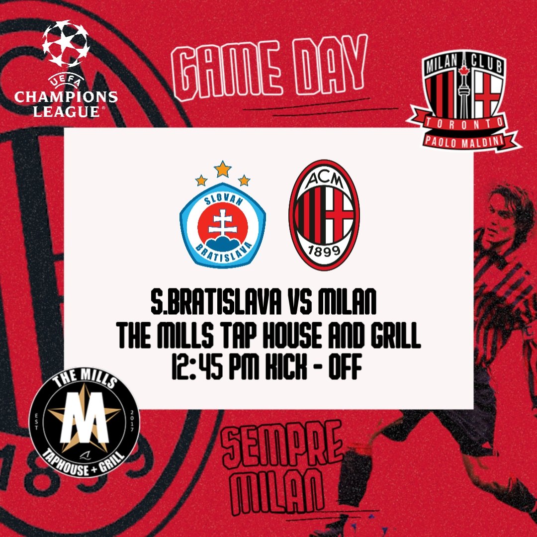 🎶 The....... @championsleague 🎶
It's #UCL Game Day!!!
<a href="/acmilan/">AC Milan</a> Kick-Off ️1️⃣2️⃣:4️⃣5️⃣PM
Catch the action
@ The Mills Tap House 
 
🔴⚫🔴⚫🔴⚫🔴⚫🔴⚫🔴⚫🔴⚫

#SlovanMilan #ForzaMilan #SempreMilan #ACMilan