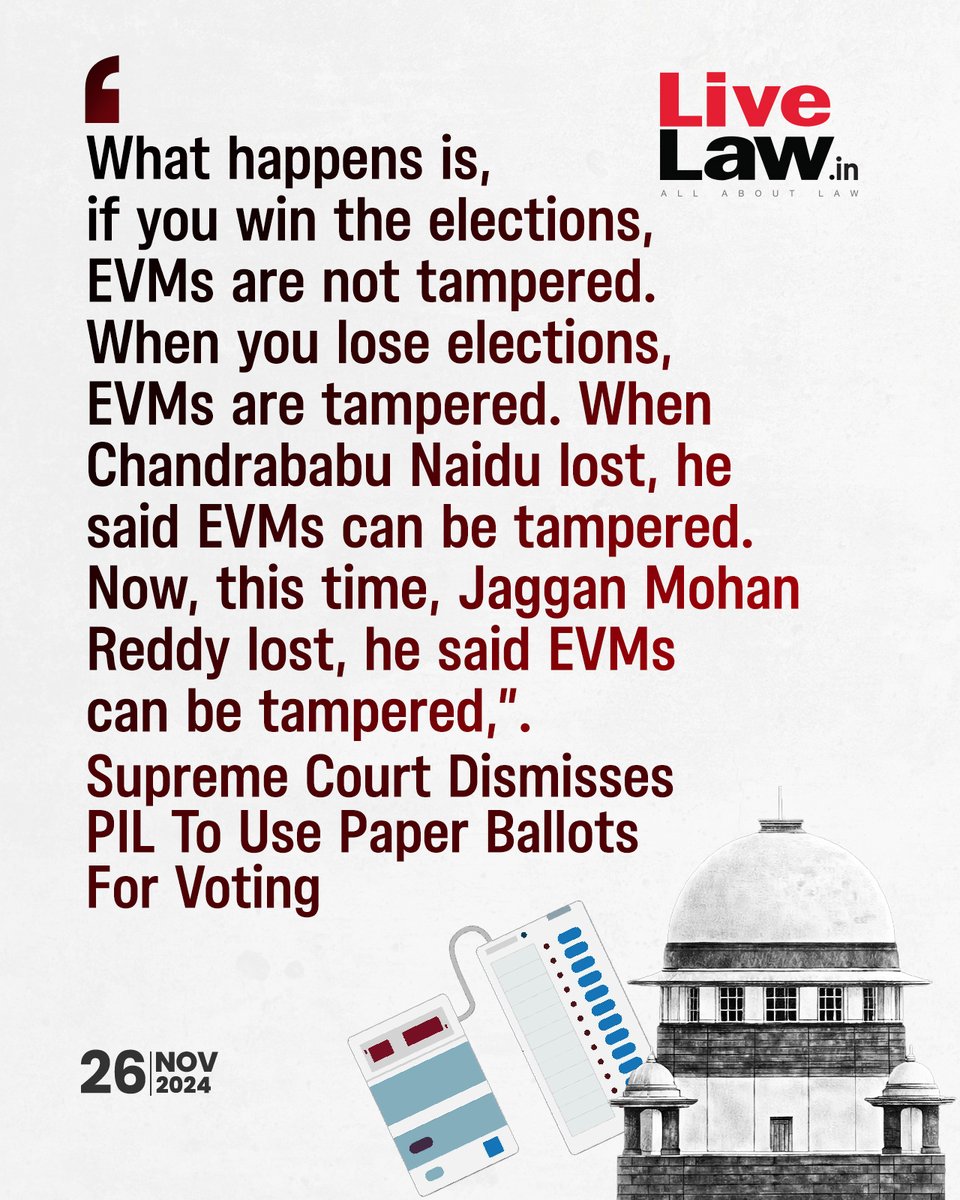 LiveLawIndia's tweet image. 'If You Win, EVMs Aren't Tampered; When You Lose, They Are Tampered' : Supreme Court Dismisses PIL To Use Paper Ballots For Voting
Read more: t.ly/pzvhm
#SupremeCourt #EVM #VotingMachine