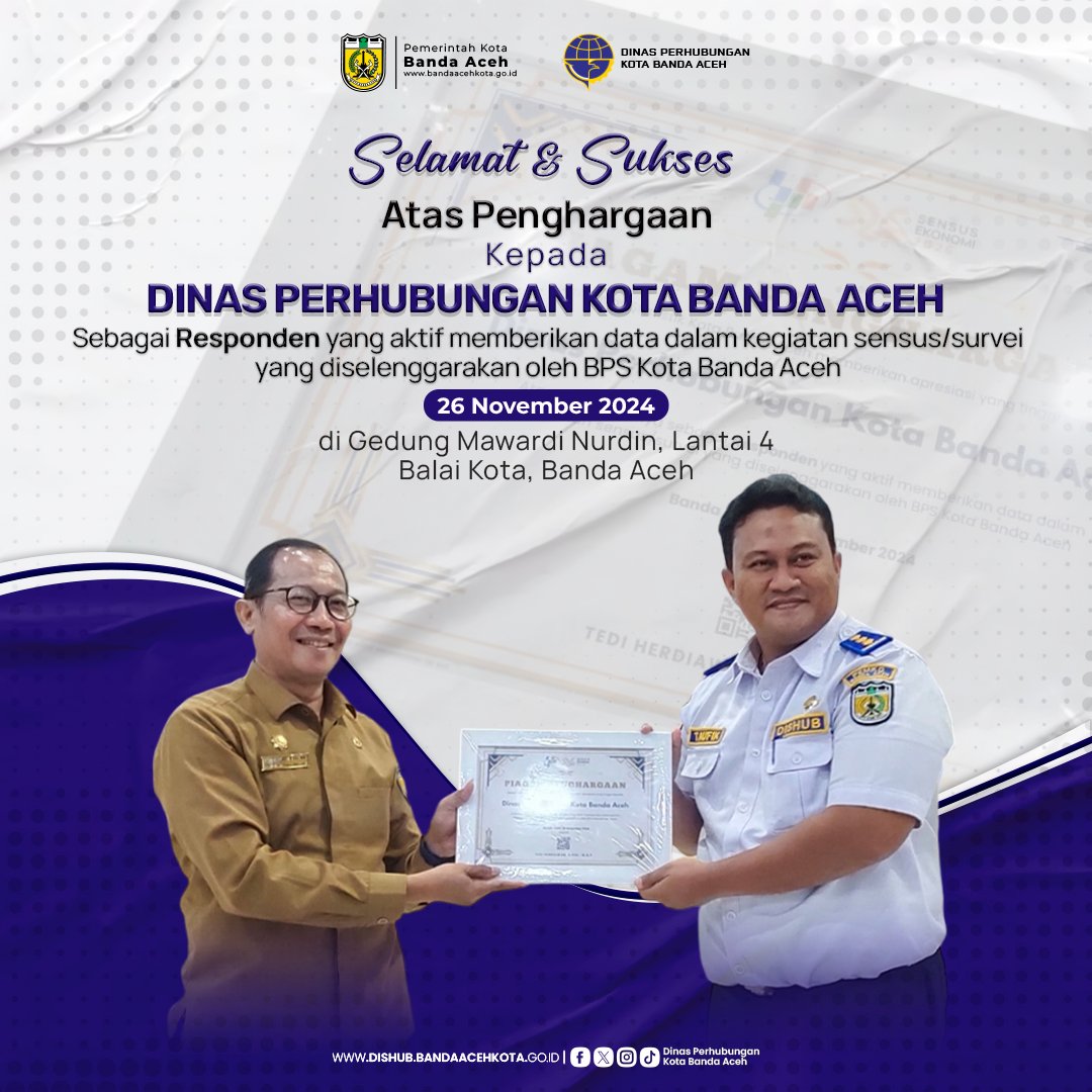 dishub_bna's tweet photo. Selamat &amp; Sukses Atas Penghargaan Kepada Dinas Perhubungan Kota Banda Aceh, Sebagai Responden yang aktif memberikan data dalam kegiatan sensus/survei yang diselenggarakan oleh BPS Kota Banda Aceh di Gedung Mawardi Nurdin, Lantai 4 Balai Kota, Banda Aceh, Selasa, 26 (11). https://t.co/8veBBXMyxP