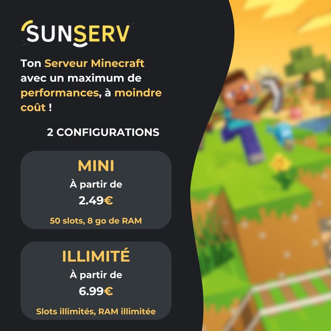 sunservxyz's tweet photo. 💫 Il y'a du nouveau sur SunServ !

Notre site internet fait peau neuve. La navigation est grandement améliorée.

Retrouve maintenant uniquement 2 configurations pour tous tes jeux !
- Mini (8 Go de ram) | à partir de 2.49€
- Illimité (Ram illimitée) | à partir de 6.99€ https://t.co/8TwARnblFz