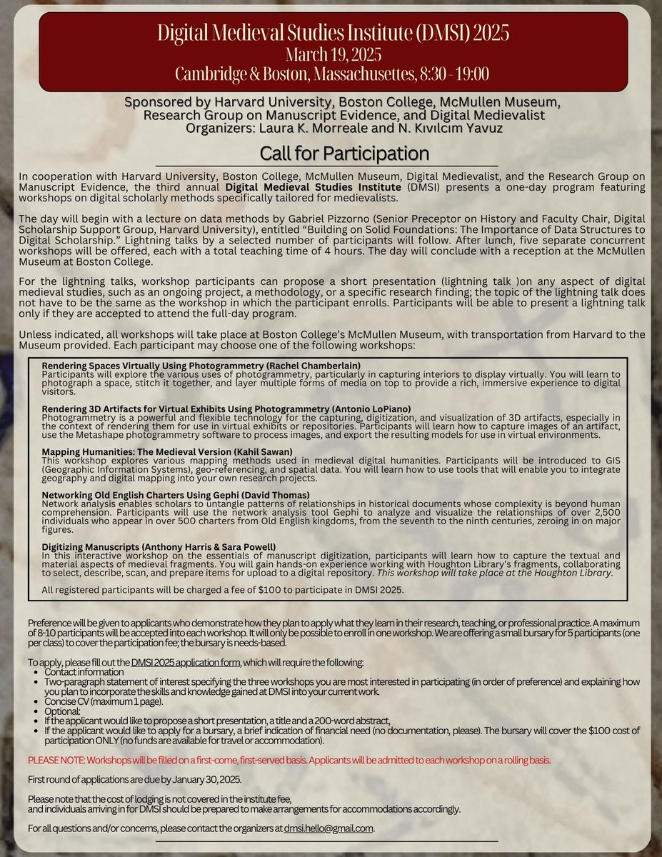 📜Digital Medieval Studies Institute (DMSI) 2025, Cambridge &amp; Boston.
A one-day workshop on digital methods for medievalists!
📆 March 19, 2025, 8:30-17:00
Organizers: Laura K. Morreale and N. Kıvılcım Yavuz 
➡️ Info and registration: tinyurl.com/bdhrtes2
#medieval #DH
