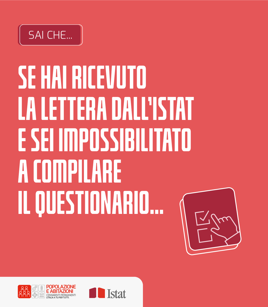 istat_it's tweet photo. Se hai ricevuto la lettera dall’#istat sarai proprio tu a dover compilare il questionario del #Censimentopermanentepopolazione. Se sei impossibilitato potrà farlo un altro membro della famiglia o un'altra persona di fiducia maggiorenne.

Scopri di più 👉https://t.co/9rD1TxPEt7 https://t.co/DfH84lwo0f