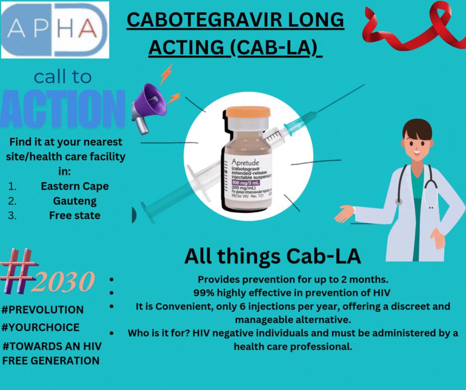 apha_sa's tweet image. Say hello to long-lasting HIV prevention! CAB-LA (Cabotegravir Long-Acting) offers prevention from HIV with just a few injections a year. Science is paving the way for a future free from HIV. 
#CABLA
#HIVPreventionRevolution