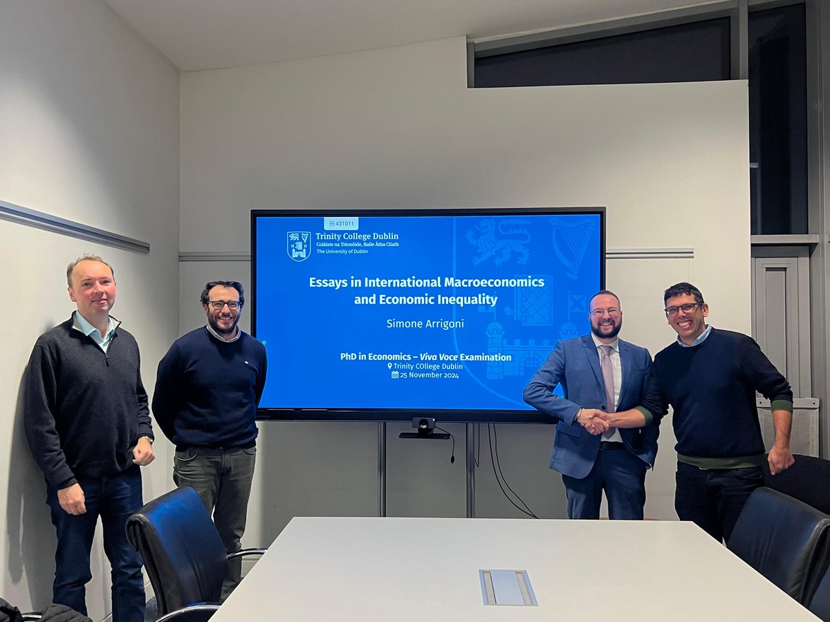 Simone Arrigoni 🇪🇺🇺🇦 (@simone_arrigoni) on Twitter photo Exciting news! I successfully defended my PhD thesis yesterday at <a href="/tcdeconomics/">TCD Economics</a> ☘️🎉
A huge thanks to the viva commission - <a href="/MarkEcob/">Mark Spiegel</a>, Paul Scanlon, <a href="/FontanaNicolaNF/">Nicola Fontana</a> - for the invaluable feedback, and my supervisors <a href="/abenetrix/">Agustín Bénétrix</a> <a href="/DavideRomelli/">Davide Romelli</a>, for their guidance over the last 4y. Exciting news! I successfully defended my PhD thesis yesterday at <a href="/tcdeconomics/">TCD Economics</a> ☘️🎉
A huge thanks to the viva commission - <a href="/MarkEcob/">Mark Spiegel</a>, Paul Scanlon, <a href="/FontanaNicolaNF/">Nicola Fontana</a> - for the invaluable feedback, and my supervisors <a href="/abenetrix/">Agustín Bénétrix</a> <a href="/DavideRomelli/">Davide Romelli</a>, for their guidance over the last 4y.