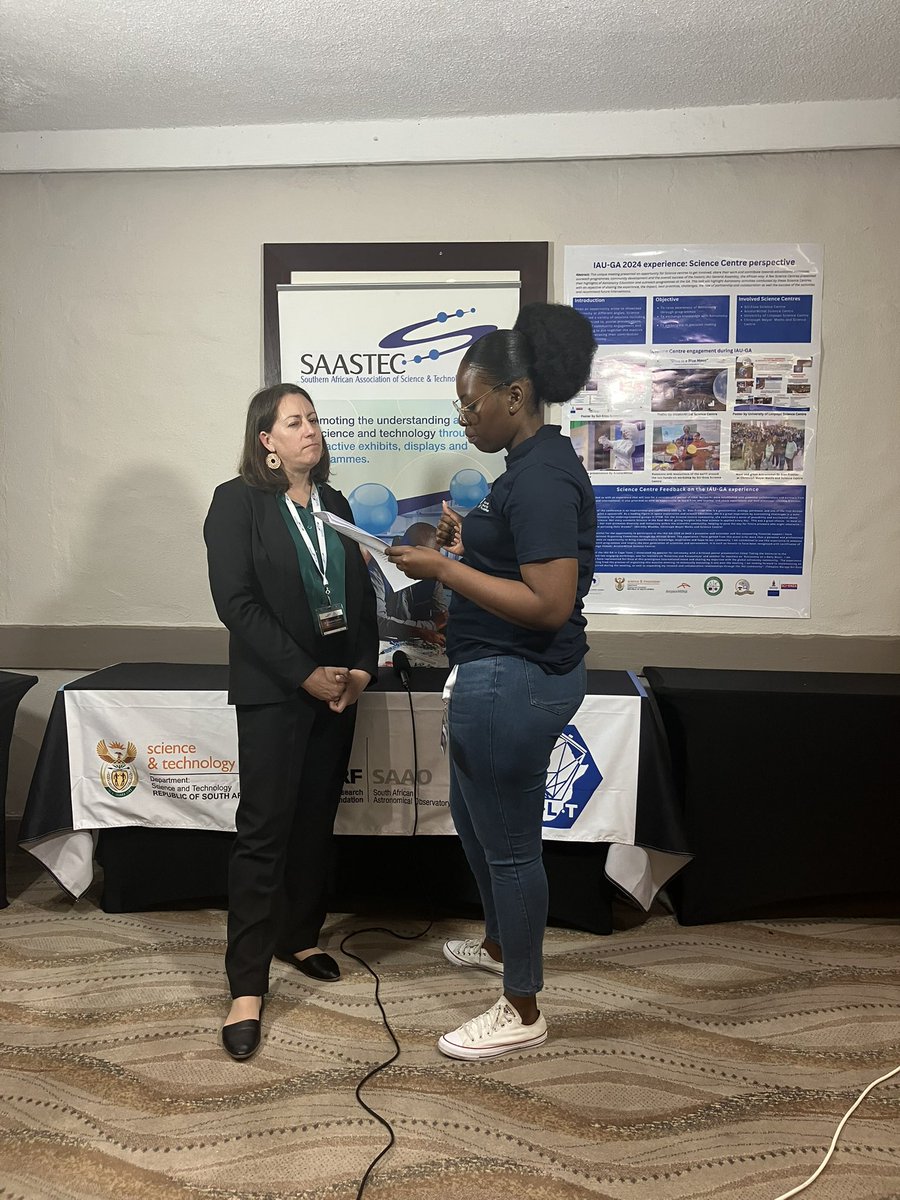 SAAOOutreach's tweet photo. The 25th SAASTEC conference is hosted by the #NRFSAAO. We, of course have the  @NRF_News covering the meeting with it’s podcast. First interviewee is our MD Dr. Skelton meeting her former student, the podcast host. #SAASTEC24 https://t.co/umquMcpJxq